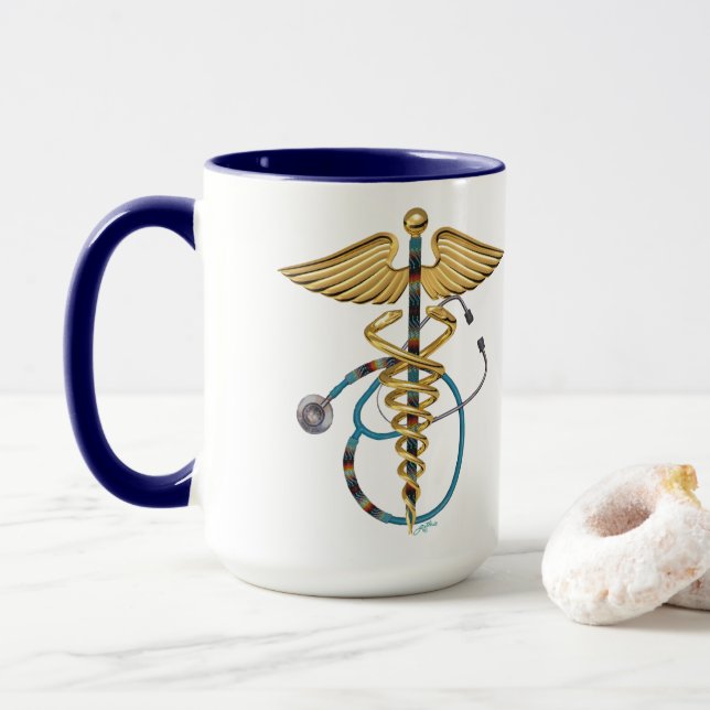 Caduceus with Beaded Stethoscope  Blue and White Mug (With Donut)