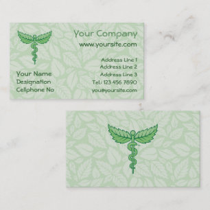 Caduceus with leaves background business card