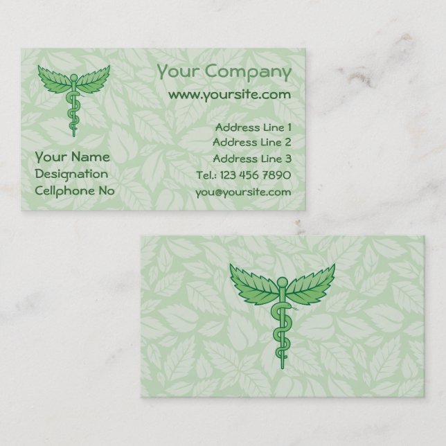 Caduceus with leaves background business card (Front/Back)