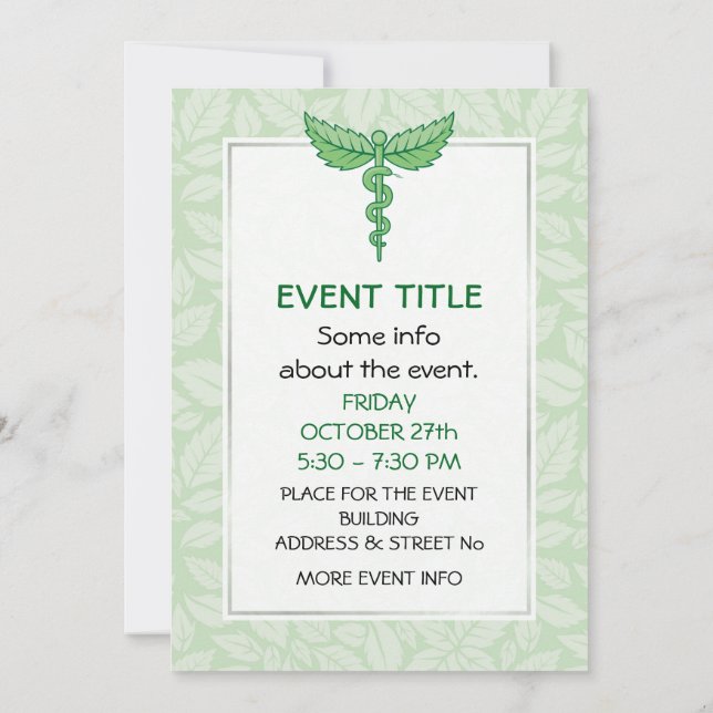 Caduceus with leaves background invitation (Back)
