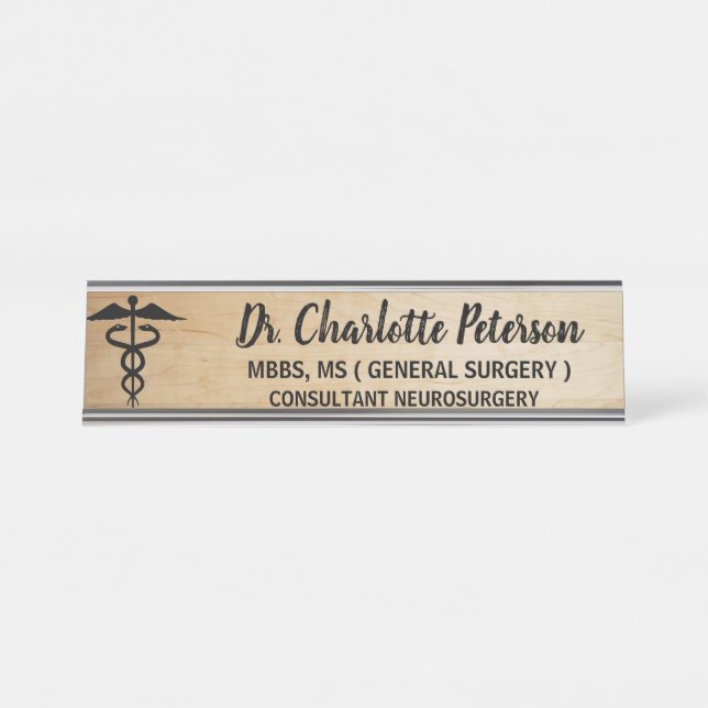 Caduceus Wooden Doctors Desk Name Plate (Front)