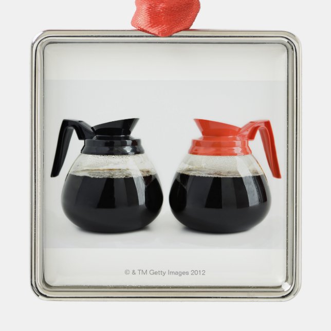 Caf. and Decaf. Coffee Pots on White. Metal Tree Decoration (Front)