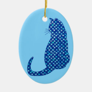 Caf in a Pattern of Stars on Deep Blue Ceramic Tree Decoration