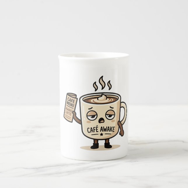 Café Awake Cute Sleepy Coffee Mascot Illustration Bone China Mug (Front)