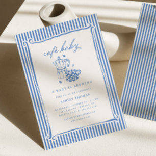 Cafe Baby Shower   Blue Stripe Baby is Brewing Invitation