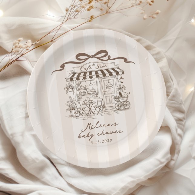 Cafe Bebe Beige Stripes Parisian theme Baby Shower Paper Plate (Creator Uploaded)