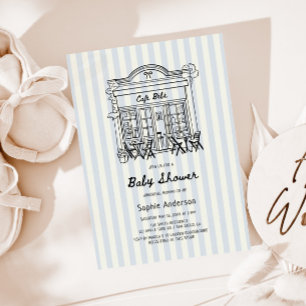 Cafe Bebe Blue Stripes Baby Shower Invitation
