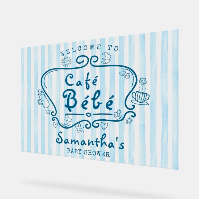 Café Bébé French Blue Boy Baby Shower Welcome Acrylic Sign (Angle)