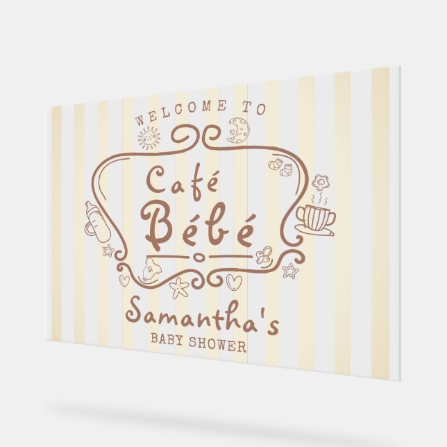 Café Bébé French Mocca Mousse Baby Shower Welcome Acrylic Sign (Angle)