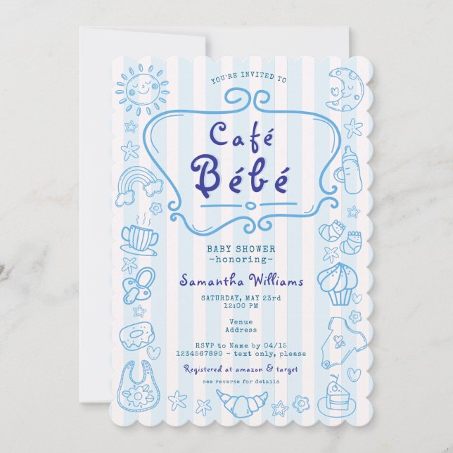 Café Bébé French Modern Blue Boy Baby Shower Invitation (Front)