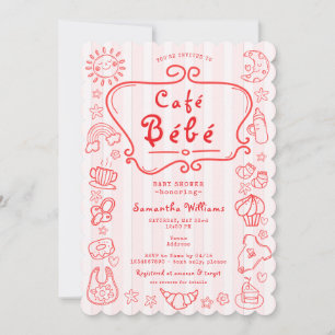 Café Bébé French Modern Pink Red Girl Baby Shower Invitation