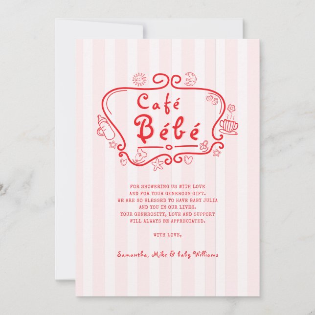 Café Bébé French Modern Pink Red Girl Baby Shower Thank You Card (Front)