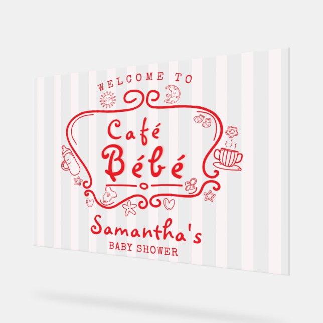 Café Bébé French Pink Red Girl Baby Shower Welcome Acrylic Sign (Angle)