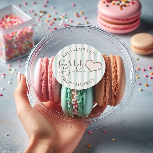 Café Bébé Mint Striped Coffee Themed Baby Shower Classic Round Sticker (Café Bébé Mint Striped Coffee Themed Baby Shower Classic Round Sticker)