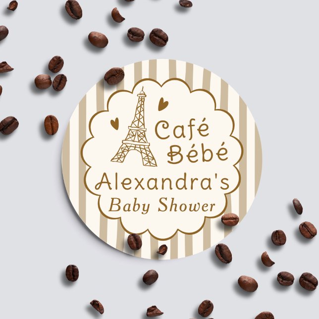 Cafe Bebe Paris Coffee Personalized Baby Shower Classic Round Sticker (Creator Uploaded)