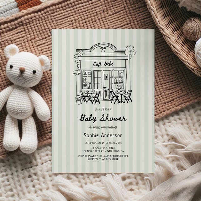 Cafe Bebe Sage Stripes Baby Shower Invitation (Creator Uploaded)
