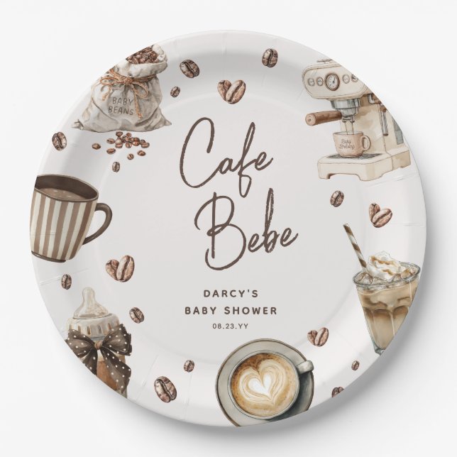 Cafe Bebe' Watercolor Coffee Baby Shower Paper Plate (Front)