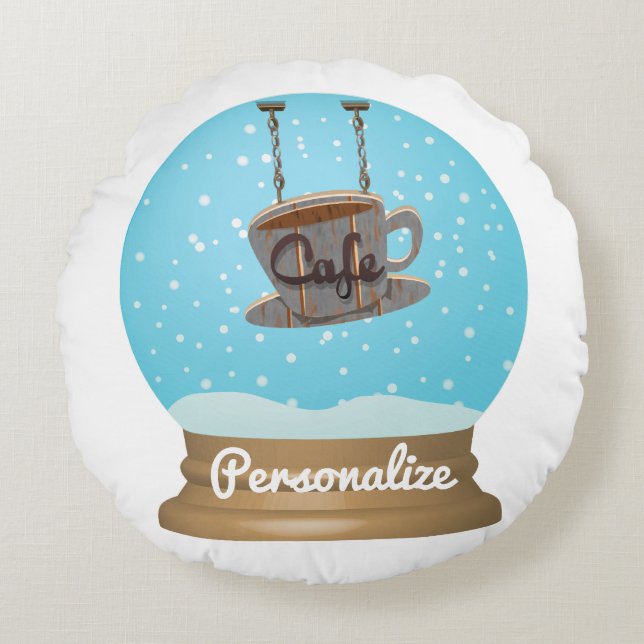 Cafe coffee sign snow globe round cushion (Front)