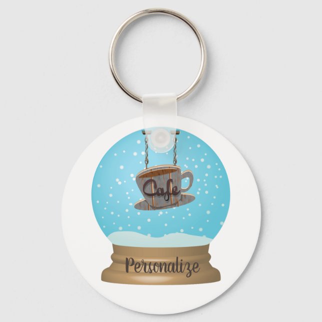 Cafe coffee sign snow globe unique blue brown  key ring (Front)
