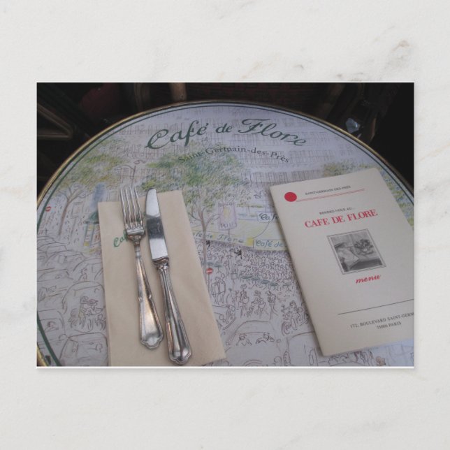Cafe de Flore, Paris, France - Place Setting, Menu Postcard (Front)