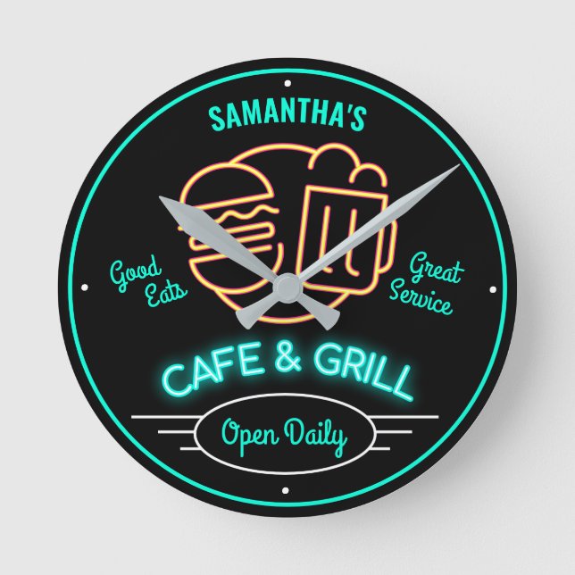  Cafe Grill Retro Fifties Neon Effect Any Name Round Clock (Front)