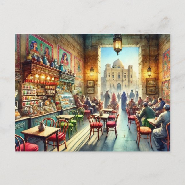 Cafe in Cairo Egypt Watercolor Painting Postcard (Front)