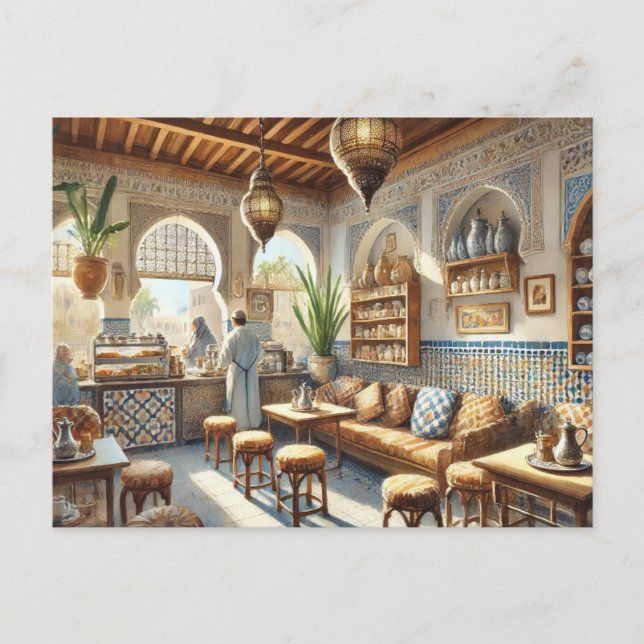 Cafe in Casablanca Morocco Watercolor Painting Postcard (Front)