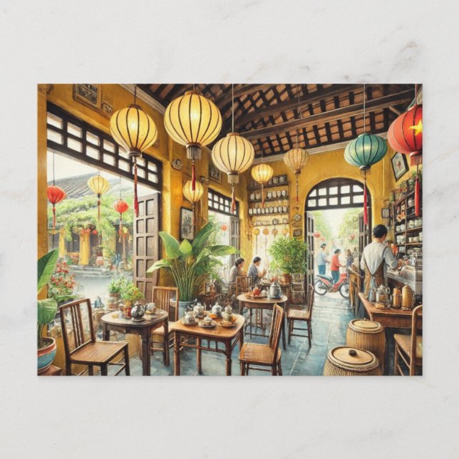 Cafe in Hoi An Vietnam Watercolor Painting Postcard (Front)