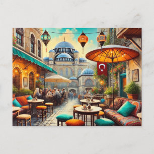 Cafe in Istanbul Watercolor Painting Postcard