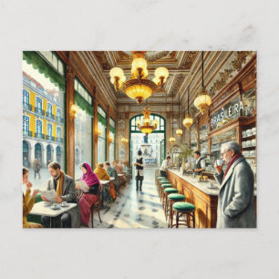 Cafe in Lisbon Watercolor Postcard
