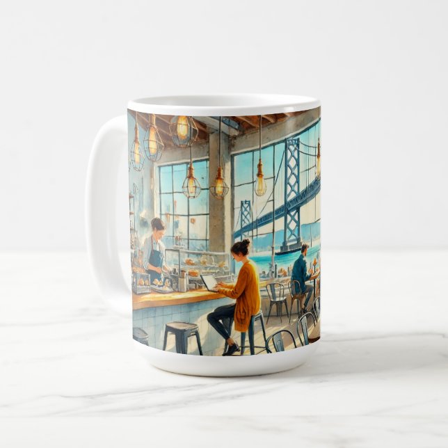 Cafe in San Francisco Bay Bridge Coffee Mug (Front Left)