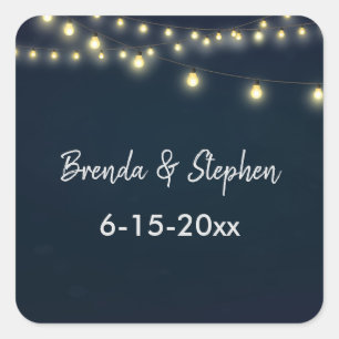 Cafe Lights Bride and Groom with Wedding Date Square Sticker