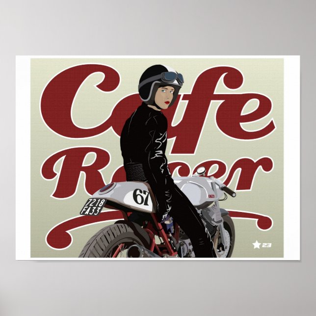 Cafe Racer Girl on Moto Guzzi motorbike Poster (Front)