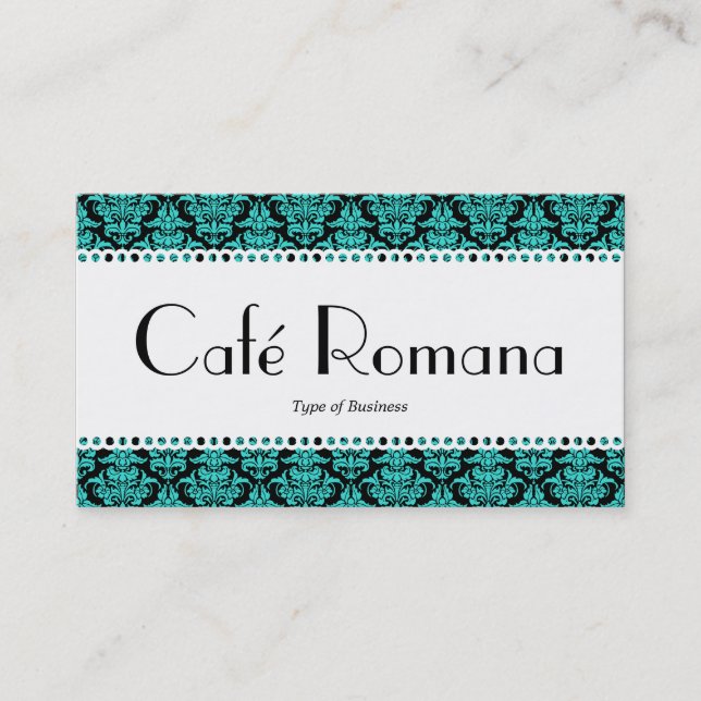 Café Romana (Scalloped) Aqua Damask Business Card (Front)