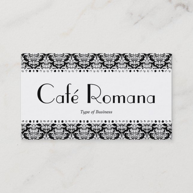 Café Romana (Scalloped) White Damask Business Card (Front)