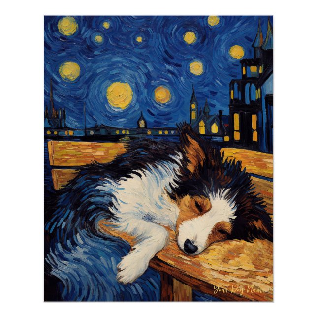 Cafe Terrace at Night - Border Collie Dog 001 - Qi Poster (Front)