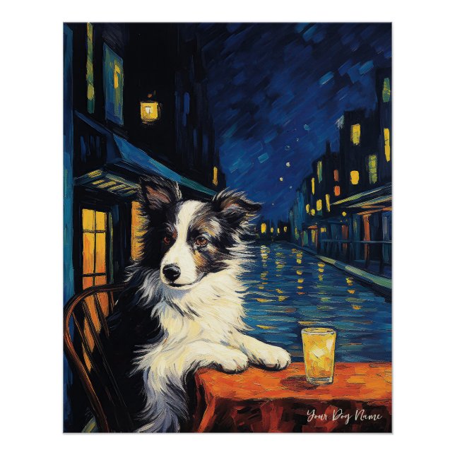 Cafe Terrace at Night - Border Collie Dog 003 - Qi Poster (Front)