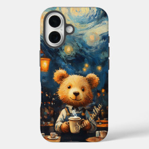 Cafe Terrace with Bear Barista Van Gogh Style iPhone 16 Case