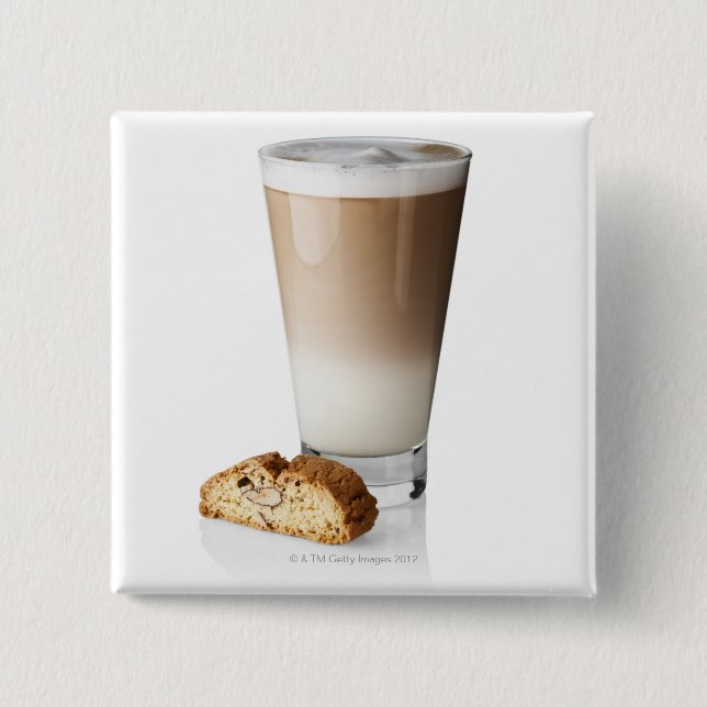 Caffe latte with biscotti, on white background, 15 cm square badge (Front)