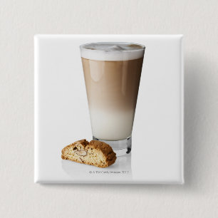Caffe latte with biscotti, on white background, 15 cm square badge