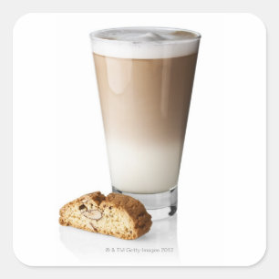 Caffe latte with biscotti, on white background, square sticker