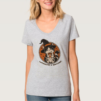 Caffeinated & Bewitched Funny Witch Cat Halloween T-Shirt