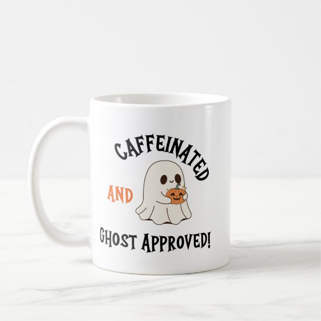 Caffeinated Ghost Mug, Halloween Coffee Cup (Left)