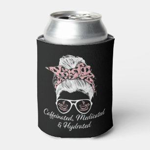 Caffeinated Medicated Hydrated Messy Bun Leopard Can Cooler