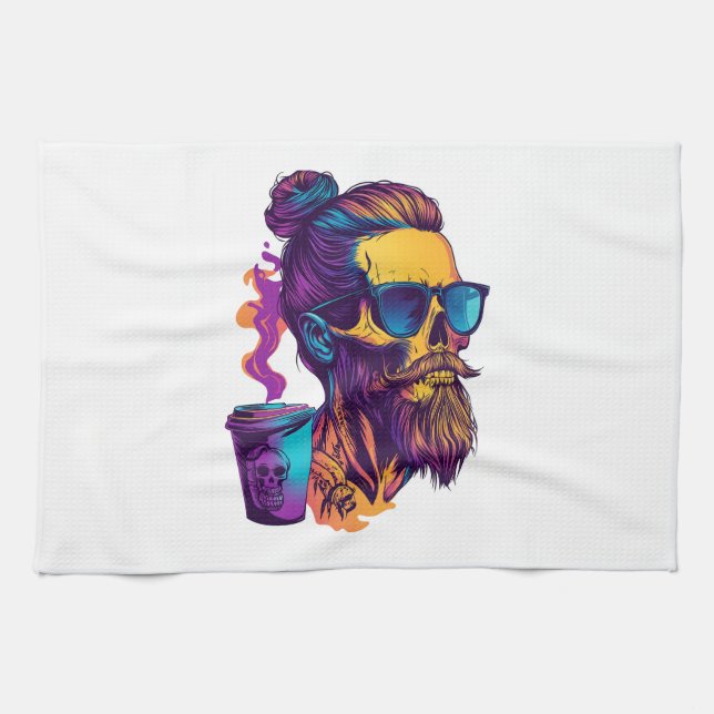 Caffeinated Skull � Funny Barista Skeleton Tea Towel (Horizontal)