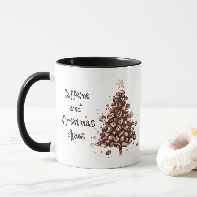 Caffeine And Christmas Chaos Quote Christmas  Mug (With Donut)