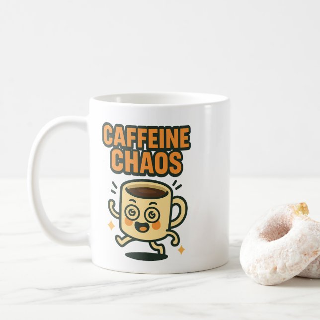 Caffeine Chaos Funny Energetic Coffee Cup Cartoon (With Donut)