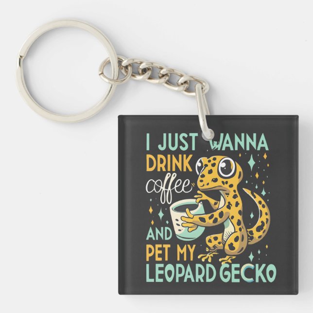 Caffeine Companionship: Leopard Gecko Coffee Bliss Key Ring (Front)