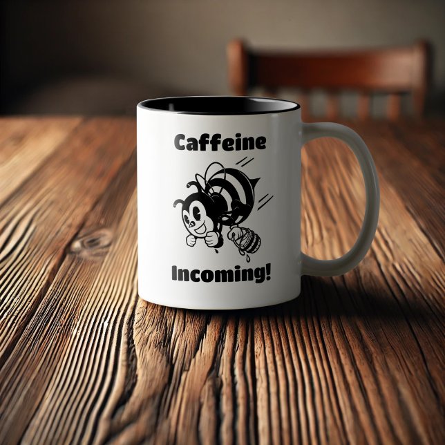 Caffeine Incoming! Funny Bee With Buckets Cartoon Two-Tone Coffee Mug (Creator Uploaded)