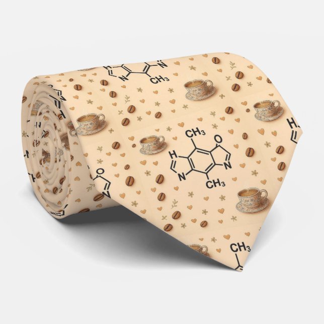 Caffeine Molecule & Coffee Pattern Necktie  (Rolled)